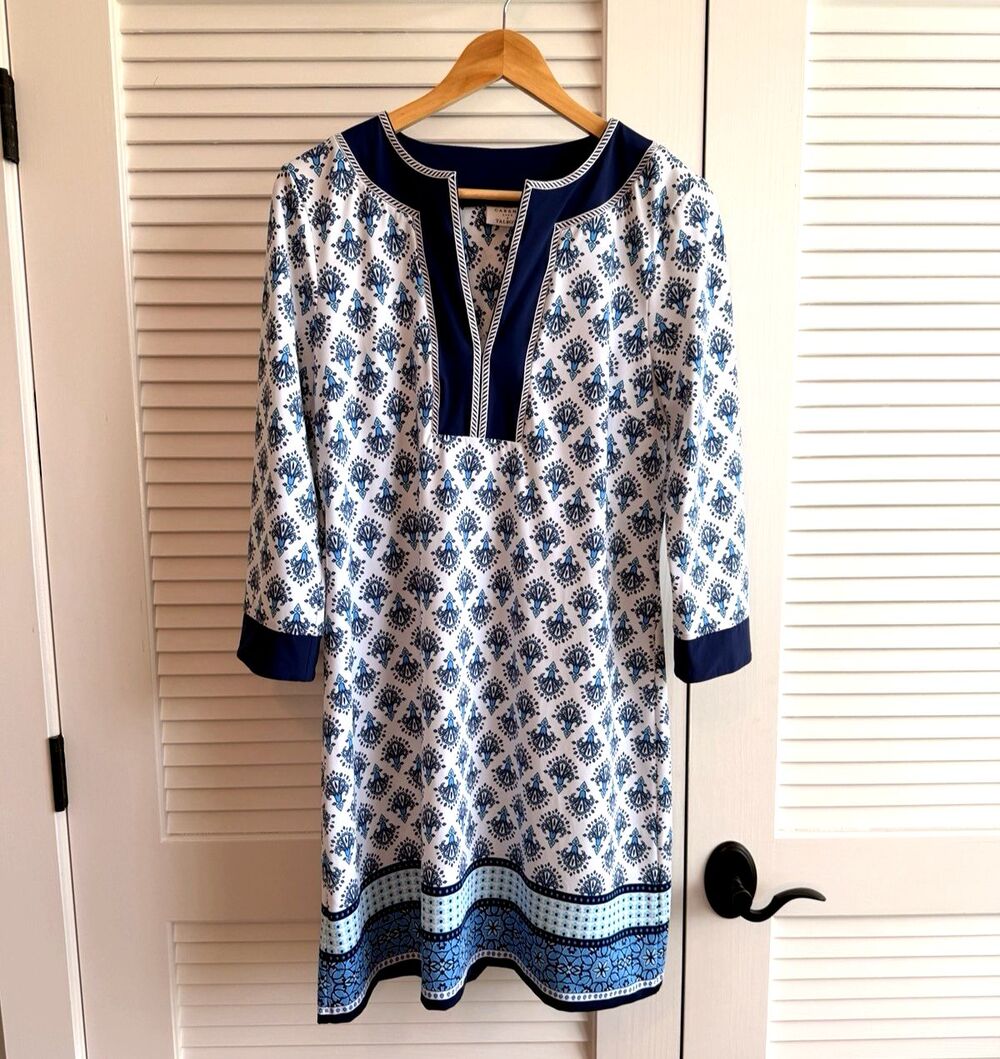 Cabana Life x Talbots Blue White Print Tunic Dress UPF Long Sleeve Womens L